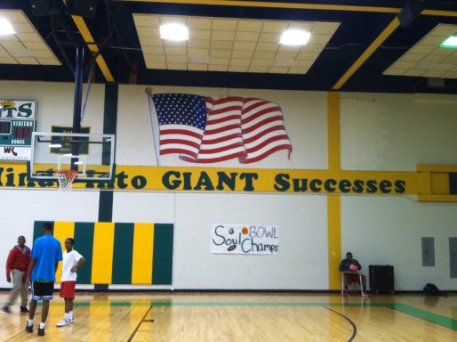 Mural with U.S.A. Banner on wall of gymnasium